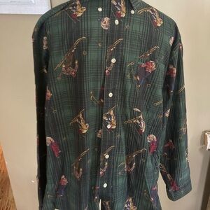 Vintage Tommy Hilfiger Shirt Mens M Retro Skiers Print Green Plaid Cotton